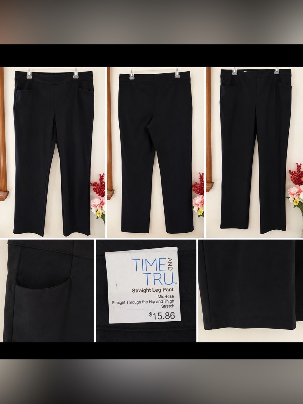 Time and Tru Black Straight Leg Stretch Pants – Mid-Rise